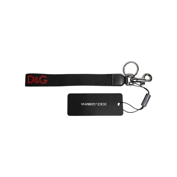 Dolce & Gabbana Black Logo Nylon Silver Brass Men Holder Keychain Men's Keyring